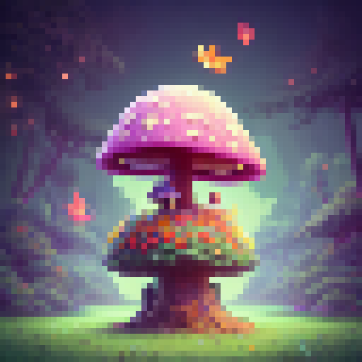 "Create a vibrant and whimsical image of a tiny, rosy-cheeked chibi anime character, standing on a single, oversized mushroom in an enchanting forest filled with sparkling fireflies and lush greenery, rendered in a charmingly retro pixel art style."
