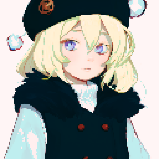 Solo male with perfect anatomy, straight-on, inframe, facing viewer, with round pupils, light blonde hair between eyes, wearing an ushanka hat with a black fur collar, a black vest, puffy sleeves, and black elbow gloves, his round eyes and pink eyes looking at the viewer, smile, giving off a sadistic vibe, in a pixel art style with sRGB colors, half closed eyes