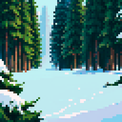 Winterly jungle with towering evergreen trees, snow-covered ground, icy landscape small colourfull details