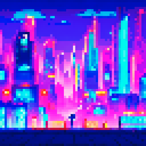 Neon-lit, bustling cyberpunk bar, with retro-futuristic cityscape as a background, showcasing vibrant pixel art characters and sRGB color palette