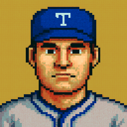 Can you make an profile picture of a baseball player? Pixel perfect pixel art. The level of detail should be similar to that of Sonic of the Hedgehog. Use dithering and anti-aliasing when needed. Make the player like the health UI character from Wolfenstein 3d. Give him a neutral expression. His jersey should be gray with blue accents. His had should be blue with white accents.