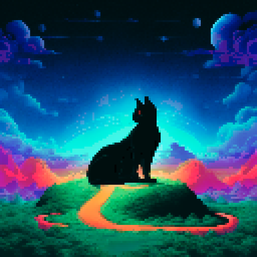 hyperrealistic silhouette of a black cat, galaxies and stars covering the night sky, aurora borealis, pixel art, sRGB