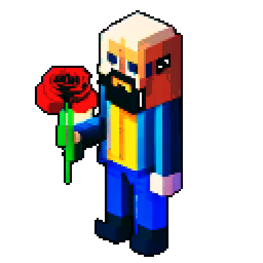 tall, blue-eyed, bald man with rose in hand, pixel art, vibrant colors, retro aesthetic, clean lines, blocky shapes, pixelated textures