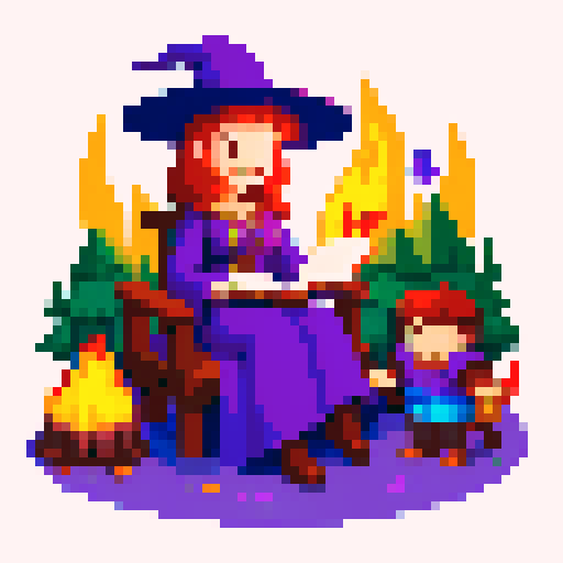 A group of adventures gather around a campfire telling stories to eachother. The male warrior is leaning forward, on hand resting in his lap, the other raised up in a jovial manner as he regales the tales of his travels. The female wizard, whom is rather voluptuous, keeps to herself as she reads her book of spells in one of her hands, the other playing with a little flame wick. The wizards legs are crossed  under her long violet dress, her big rimmed hat resting stop of her head.