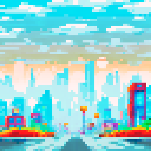 Red City, towering skyscrapers, futuristic architecture, glowing neon signs, bustling streets, Martian landscape, red sand dunes, crimson sky, pixelated buildings, vibrant colors, ARNE32 palette, sci-fi metropolis, otherworldly atmosphere,  digital art style