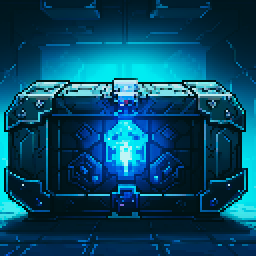 mystery box, stone, metall, shiny, pixel art, sRGB, vibrant colors, glowing lights, intricate patterns
