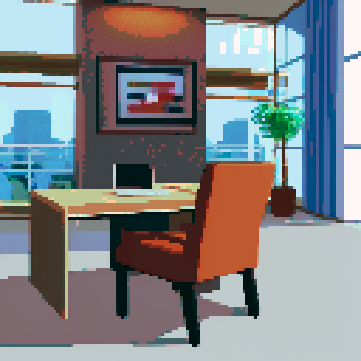 psychiatrist, serene office with warm lighting, pixel art, sRGB