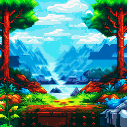 unstable portal, metal scrap, middle of forest, sRGB, pixel art, background, landscape