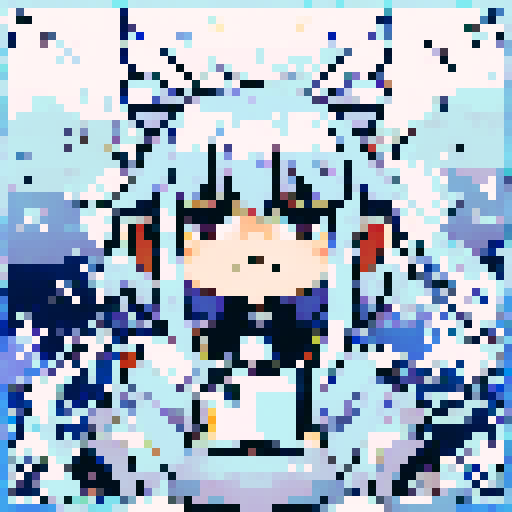 Beautiful ethereal angel with chrome wings, flowing hair, and a serene expression, floating in a dreamlike landscape of pastel clouds and shimmering stars, rendered in pixel art with crisp, defined lines and a vibrant sRGB color palette