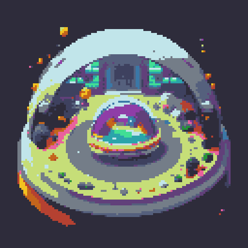 rounded spaceship interior, smooth curved walls, large windows showing space, gachapon-like design, cryo-pod in the center, pixel art, sRGB