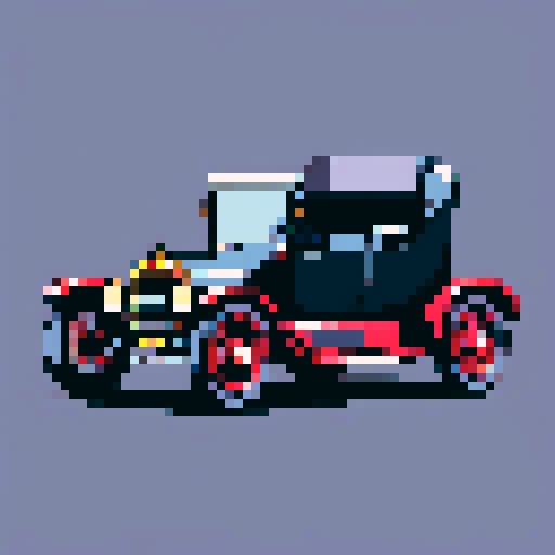 An old model T in a dark color next to a bright formula 1 car