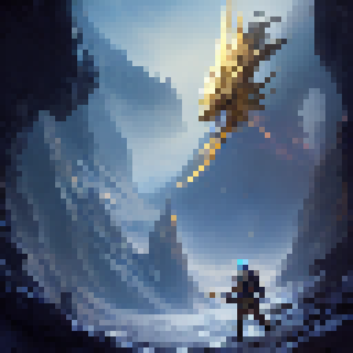 "Golden-armored warrior wielding a glowing enchanted sword, standing atop a mountain peak surrounded by swirling mist and fierce dragons."