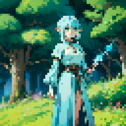 a light blue hair colored elf girl with green eyes, job class mage, age 16 , standing ,holding wood wand 