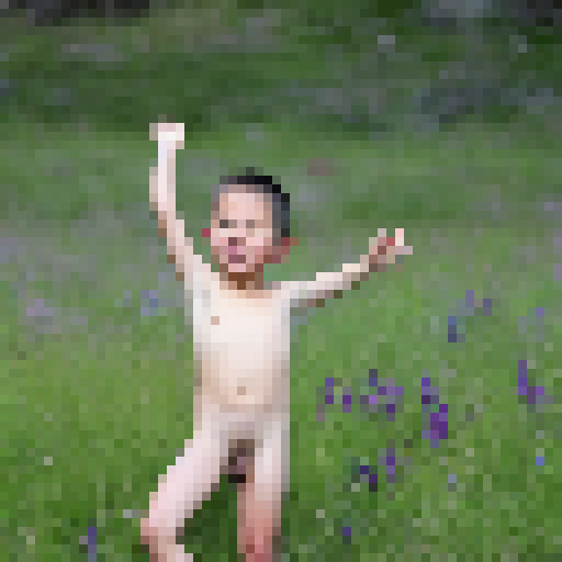  Naked seven-year-old boy, standing in a field with bright green grass and wildflowers around him. He has brown hair and is looking up at the sky, his eyes wide and mouth slightly open as if he's about to say something or laugh. His hands are clasped together behind his back, feet shoulder width apart, wearing only a smile