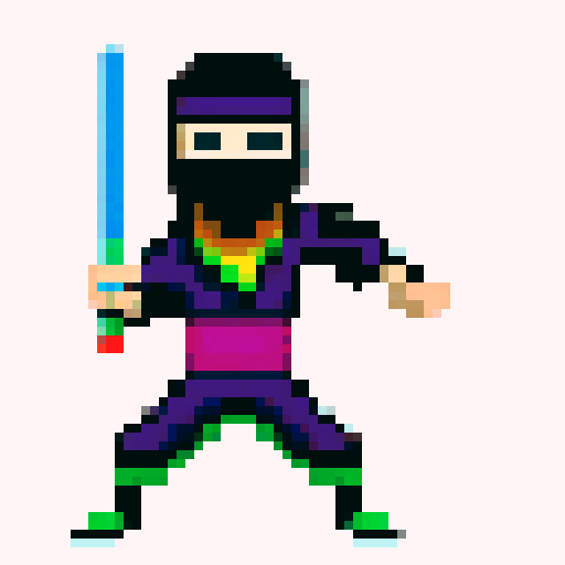 Ninja jumping in a vibrant, pixelated world with dynamic shadows and bold colors