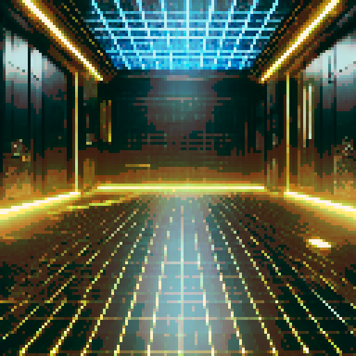 A futuristic holodeck battleground with a flat, glowing grid floor in black and neon yellow, tilted upward for depth. The bottom-left is clear for a player's view, while the middle-right features subtle holographic projections and faint shimmering effects. The background has sleek metallic walls and glowing panels, creating a high-tech simulation chamber that's clean and functional.