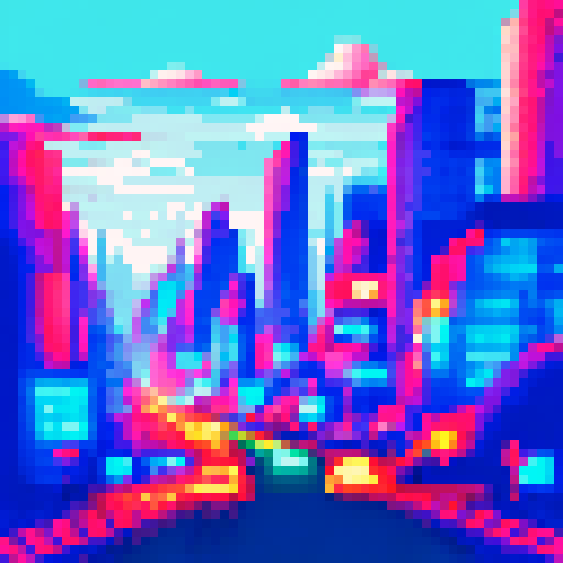 bmw cars, pixelated, vibrant colors, retro video game style, sRGB, pixel art, detailed shading, urban cityscape, futuristic skyscrapers, bustling streets, neon lights, busy traffic, sleek designs, speed and motion, dynamic angles, geometric shapes, low-poly architecture, vibrant backgrounds, energetic atmosphere, high contrast, sharp edges, digital aesthetics, futuristic technology