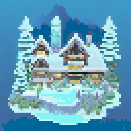 snowy mountain range ski town with a tiny lodge, igloo, campsite, cold, pixel art, sRGB, christmas themed