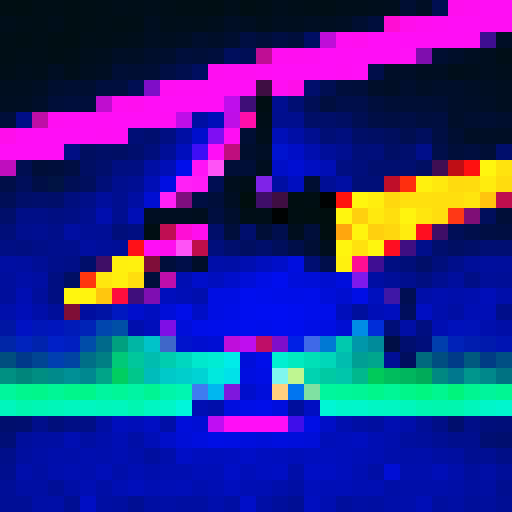 Space ship, retro-futuristic, vibrant colors, blocky pixels, glowing exhaust, metallic hull, starry backdrop, sci-fi vibes, angular design, 8-bit aesthetic, neon lights, low-resolution, space exploration, cosmic adventure