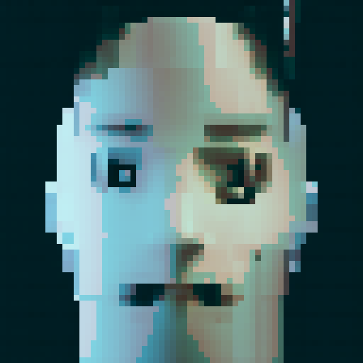 A glitchy, retro pixel art CCTV camera captures a suspicious figure's face as it's scanned by a malfunctioning facial recognition system