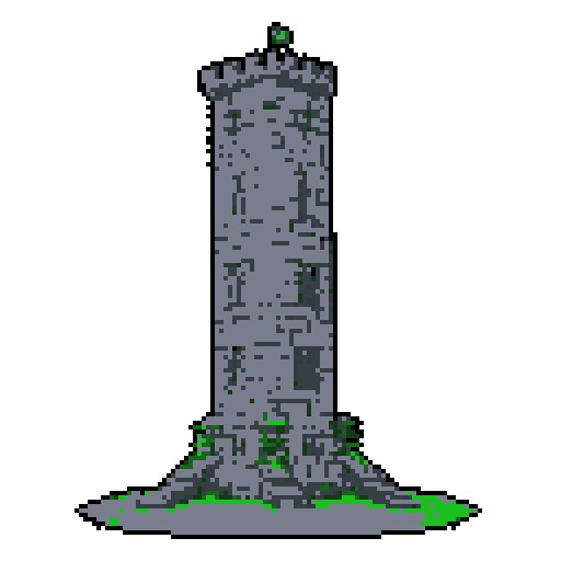 2d grey stone tower in an ancient english style. Old and crumbling but still upright. Green vines crisscross it. Usable as an asset (clear, thick lines and a white background). Put a black stroke around the composition