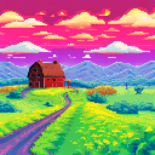 Rolling hills covered in golden wheat fields, a red barn nestled in the distance, a flock of geese flying overhead against a clear blue sky, all in a pixel art style with a sRGB background