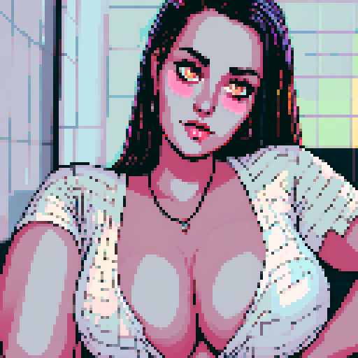 curvy, busty goth babe, close up portrait shot, neon lighting, modern tile backsplash, pixel art, sRGB