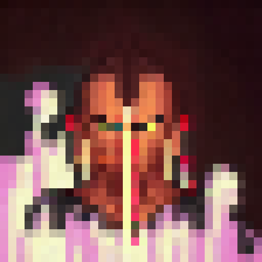 "32x32 pixelated avatar hero wielding a glowing sword, charging towards a menacing dragon amidst a stormy, purple-hued sky."