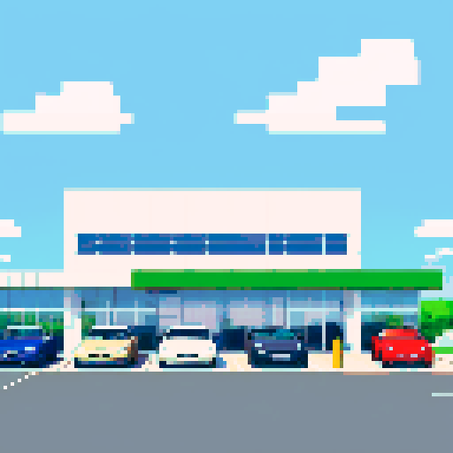 cars are behind the glass of the car dealership, many cars are in a row, a large glass