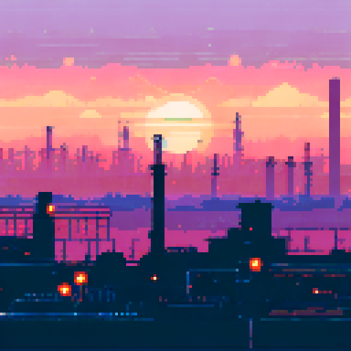 Towering smokestacks belching thick black smoke against a pastel sunrise, surrounded by factories with neon-glowing signs reflecting in a murky river