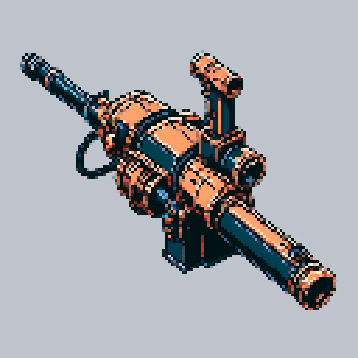 I want a big copper minigun without a stand viewed from from the side. It should have strange mechanical details that could interlock with others. I want this object usable an asset in a videogame, meaning only one object per image, outlined with a strong black stroke, on a solid-color background.

