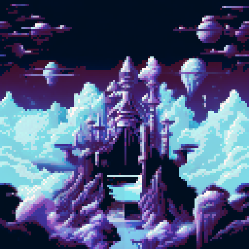 Huge, looming space station with sharp, angular edges and a sleek, metallic finish, set against a vast, star-filled void, all rendered in stark, high-contrast black and white pixel art