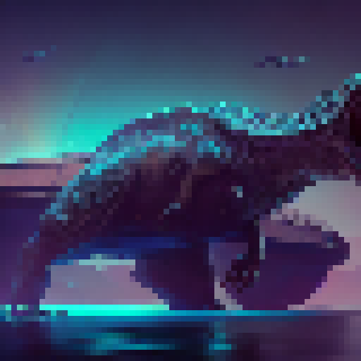 a dinosaur that is sitting in the water, cyberpunk art, inspired by Dan Mumford, art deco outrun anime aesthestic, trex, style hybrid mix of beeple, fantasy art behance, 3 0, ultra detailed-i, hotline miami, lowres, godzilla portrait, official fanart behance hd