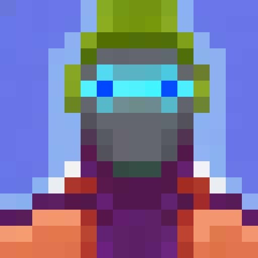 Create a 16x16 pixel portrait of an Avatar with glowing blue eyes, metallic armor, and a feathered cloak, standing on a floating rock island amidst a sea of clouds.
