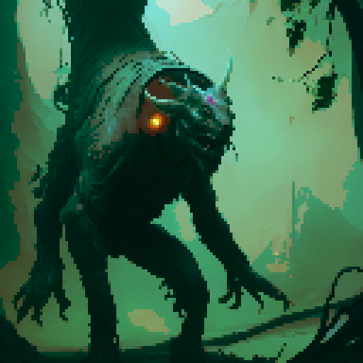 A giant walking tree with a demon face, several long limbs on his head and arms