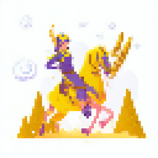 A yellow-clad business support hero wielding a glowing sword and riding a majestic unicorn charges through a mystical forest filled with floating orbs and giant mushrooms in a fantasy RPG-inspired illustration.