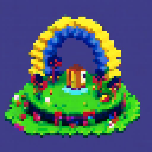 8-bit rectangular blueberry garland, space portal inside, cute pixel art