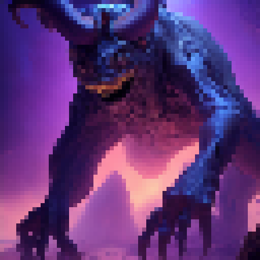  a massive, grotesque creature covered in oozing, pulsating tumors that exude toxic fumes. Its body resembles a nightmarish fusion of multiple animals, with mismatched limbs, twisted horns, and a misshapen head with glowing purple eyes. Its thick hide is almost impervious to physical attacks, and its movements are erratic and unpredictable. Its multiple legs end in razor-sharp claws that can rend through solid rock, and its massive, bulbous abdomen houses a gaping maw lined with rows of serrated