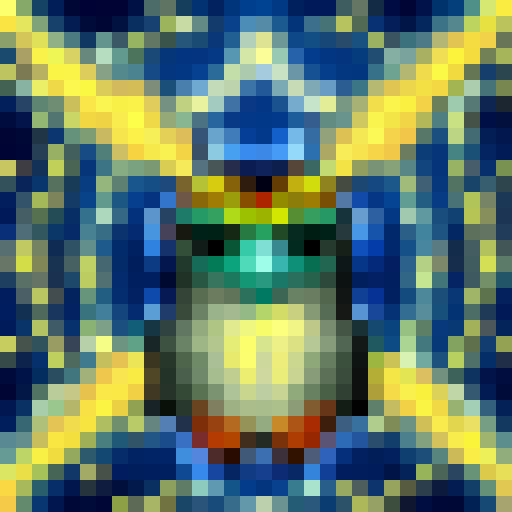 Regal penguin princess, adorned with a golden crown and opulent jewels, poses proudly for her 16x16 pixel portrait in a regal and pixelated art style.
