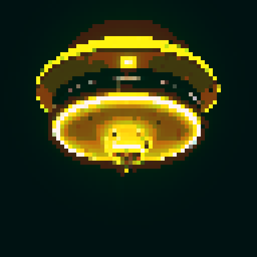 Silver flying saucer with yellow glowing lights, viewed from below at an angle