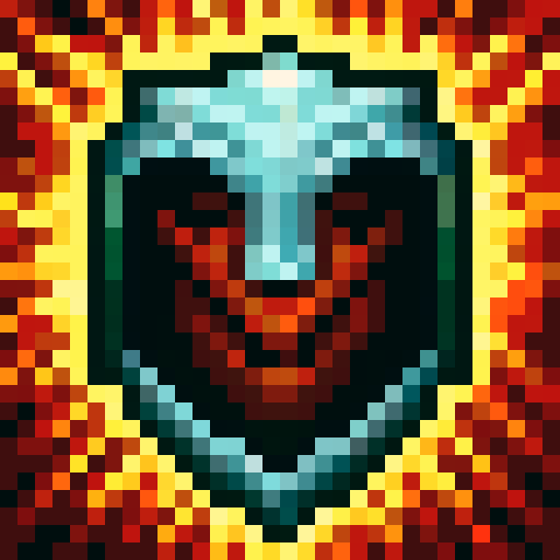 Firebreathing war general with a fierce expression, adorned in golden armor and a red cape, holding a sword with flames licking the blade, against a background of billowing smoke and embers in a pixelated, skill art style for a game icon.