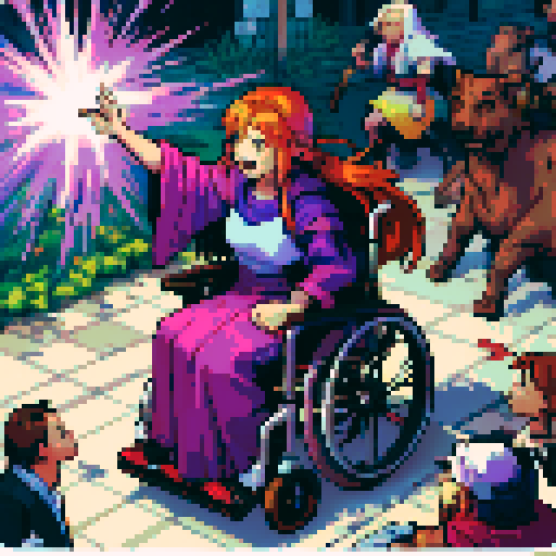 wheelchair bound school girl, vibrant playground, colorful murals, friends playing, sunny day, pixel art, sRGB