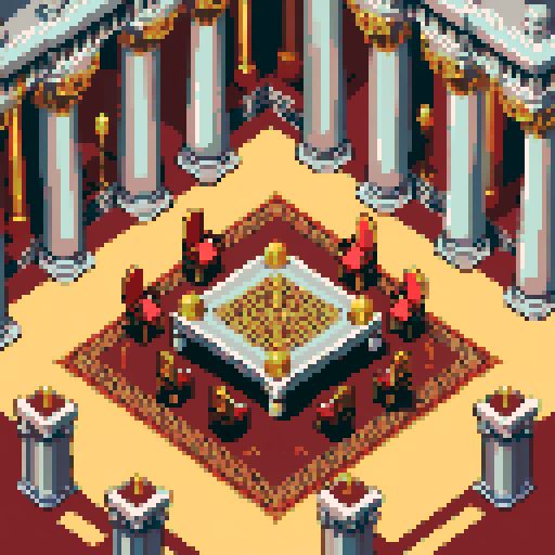 royal council, throne, columns, building, inside, block, gold, discussion table, table