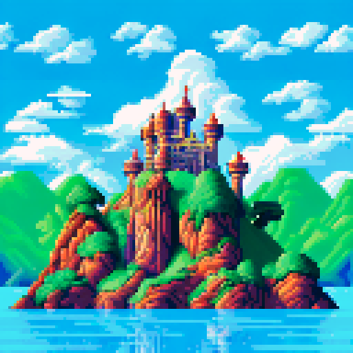 Gaming Heaven logo in pixel art with letters formed like fluffy clouds, set against a vibrant sRGB background depicting a sprawling, mountainous landscape