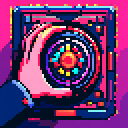 hand pushing medieval button, illuminated by a vibrant palette, showcasing intricate pixel art details in an sRGB color space