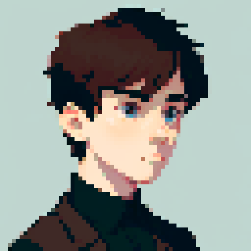 portrait, sprite art, young man, sad, narrow eyes, muted colors, depressed, city dweller, neutral, eccentric