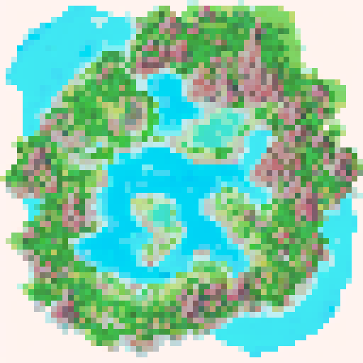 a map containing 5 biomes: a small village of wooden buildings in the center, surrounded by palisades. a desert in the lower right, lava stricken rocky mountains in the top right corner, an ocean in the top left and grasslands in the lower right corner