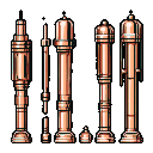 I want a tall vertical copper structure reminiscent of a organ pipe. It should have strange mechanical details that could interlock with each other. I also want this object usable an asset in a videogame, meaning only one object per image, outlined with a strong black stroke, on a solid-color background.