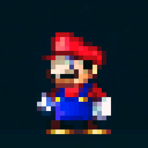 Cooking chef with a bushy moustache, wearing a chef hat and apron, holding a frying pan, against a vibrant background, in 32x32