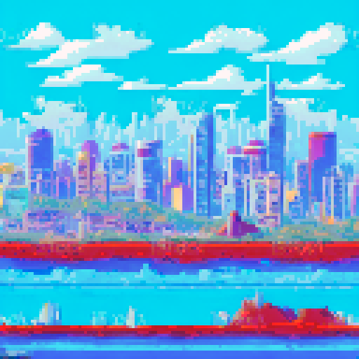 A city from the side, with a skyline, retro game
